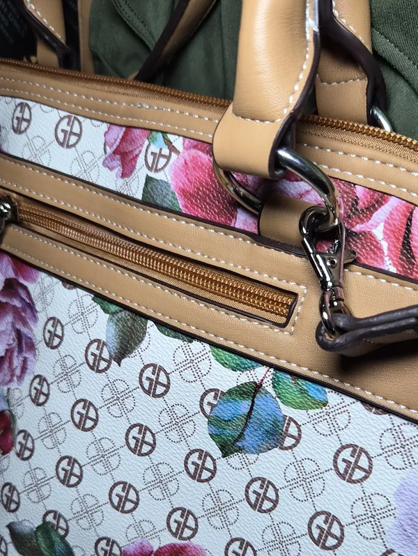 Giani Bernini Floral Logo Bag Purse Satchel in Tan and Pink Shoukder Crossbody - Image 12