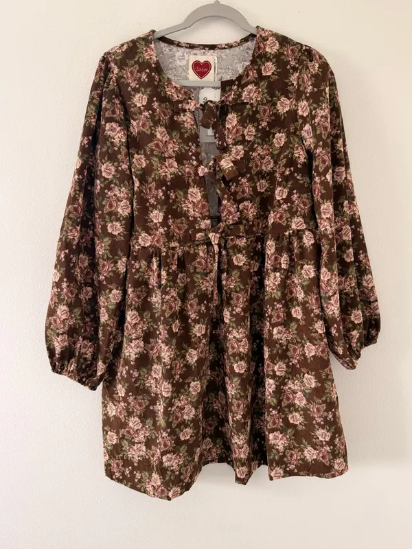 Bohme LovLov Beatrice Corduroy Brown Floral Mini Dress size large - Image 4
