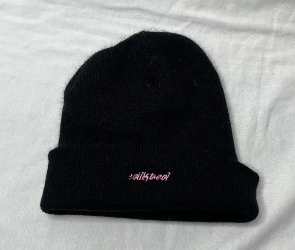 Edikted Embroidered Black Cuffed Ribbed Knit Beanie Hat - Image 2