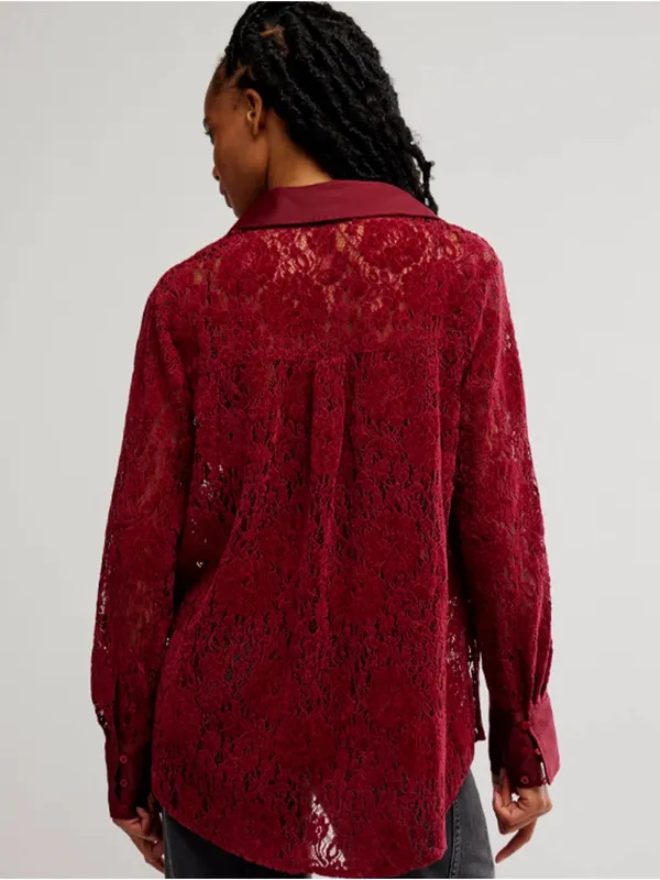 Free People Faith Button Down Shirt, Cabernet - Image 3