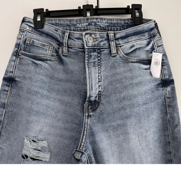 Old Navy High Rise OG Straight Jeans 10 Distressed Medium Wash‎ Raw Hem NWT - Image 2