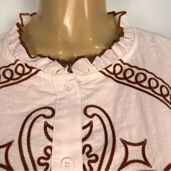 &Merci Embroidered Womens Top Blouse Sz M 100% Cotton White/Brown Puff Sleeves - Image 3