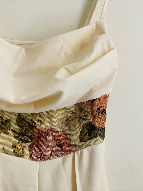 Floral Tapestry Waist Wide Leg Cream Jumpsuit Draped Neck Size M - Image 3
