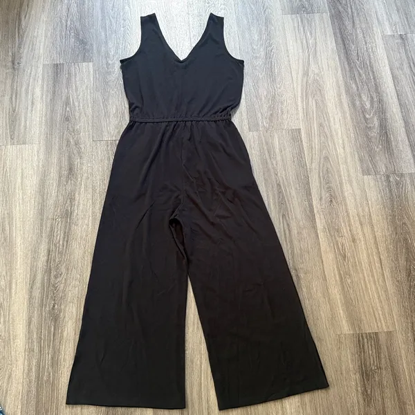 Daily Ritual Black Jumpsuit Double V neck Cropped Wide Leg Pima Cotton - Image 2