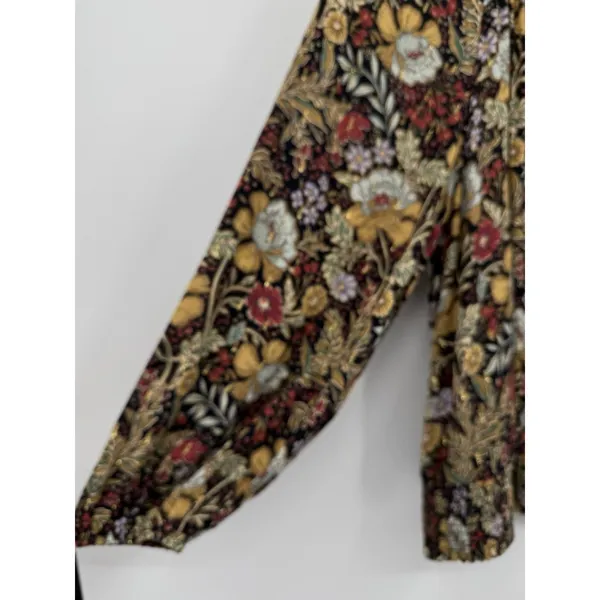 DR2 by Daniel Rainn Black Blouse Sz XL Multi Floral Metallic Gold Tie Front Boho - Image 6