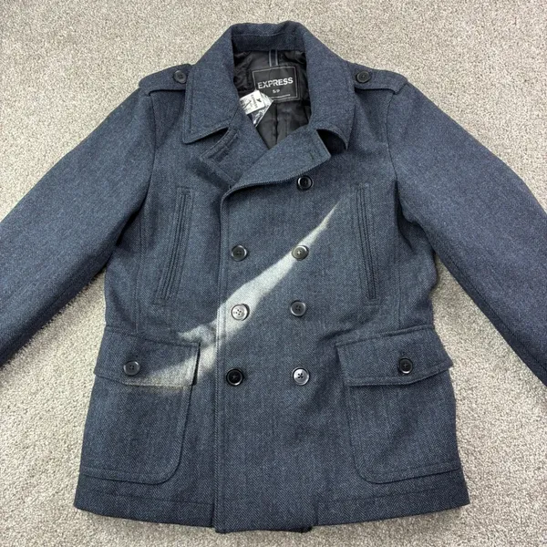 Express Size S Navy Herringbone Double Breasted Peacoat Jacket Military NWT - Image 2