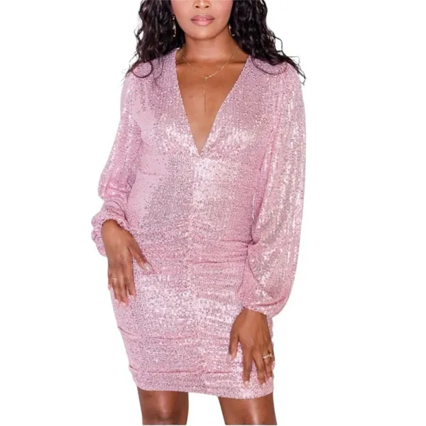 Pink Lily Holiday Vibes Sequin Ruched‎ V Neck Long Sleeve Mini Dress Size S - Image 2