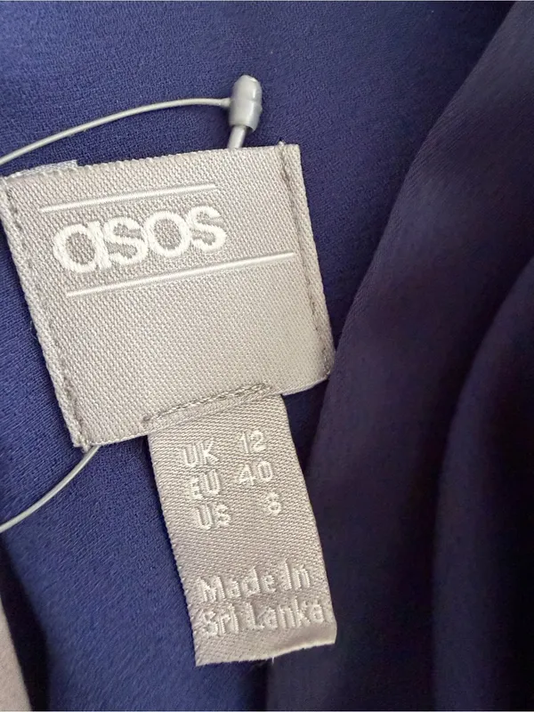 ASOS Navy Satin Wrap Mini Dress Size US 8 Tie Waist Open Back - Image 5