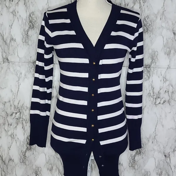Ounce Navy White Striped Cardigan Sweater Medium Coastal Preppy - Image 2