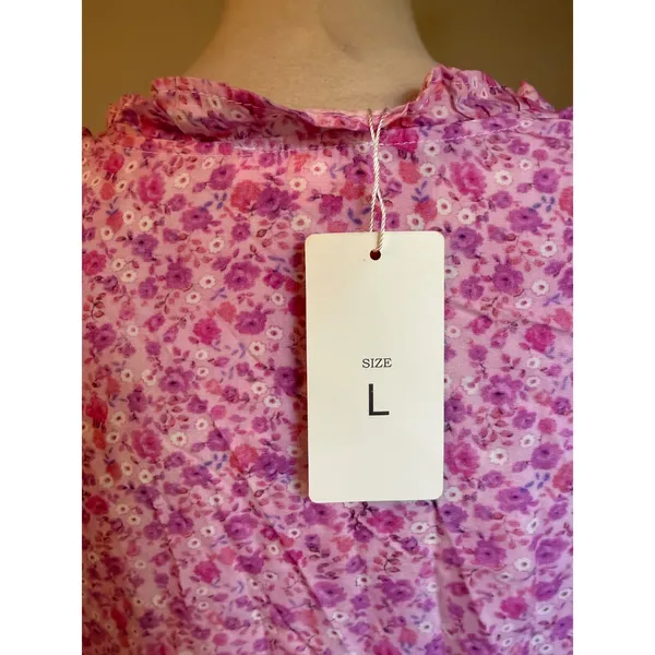 For Love Bell Pink fancy Floral Ruched Mini Dress Long Sleeve Ruffle L dainty y2 - Image 7