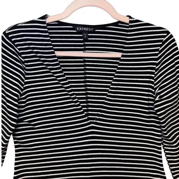 Express Womens Black White Striped V-Neck Long Sleeve Bodycon Midi Dress Medium‎ - Image 4