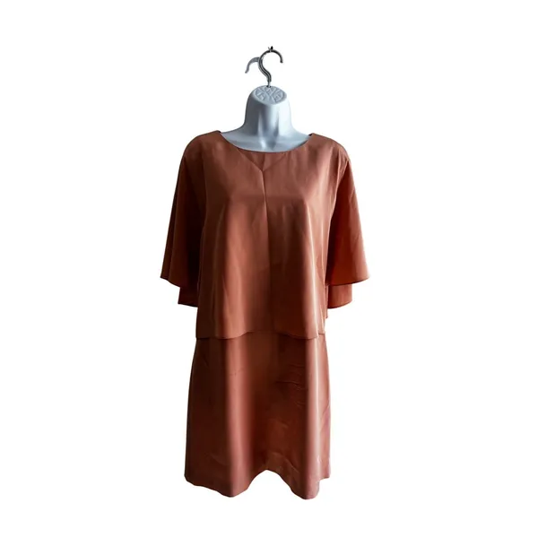 Tibi Silk Popover Shift‎ Dress 6 Terracotta Pink Cape Back Minimalist Cocktail - Image 3