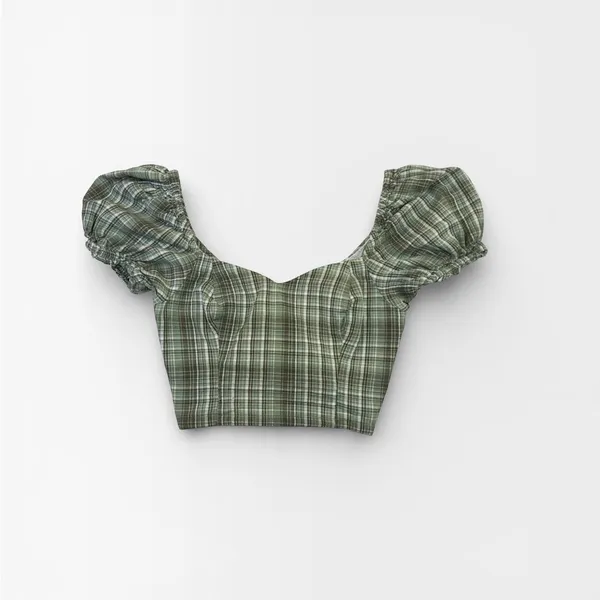 Dizzy Lizzy Green Plaid Milkmaid Corset Puff Sleeve Crop Top Medium - Image 7