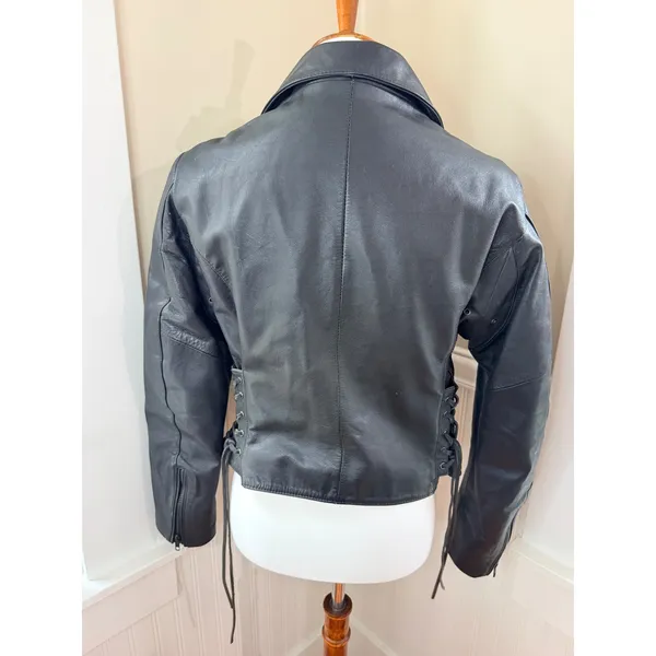 Bullskins Vintage Leather Motorcycle Jacket Side Lace Biker Black Womens M 14 - Image 2