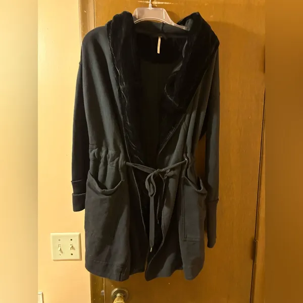 Free People Westwood Velvet Trim Hooded Oversized Cardigan Coat in Black - Image 5