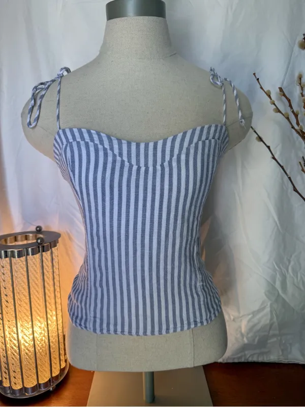Abercrombie & Fitch Blue and White Striped Tie-Shoulder Bustier Camisole - Image 2