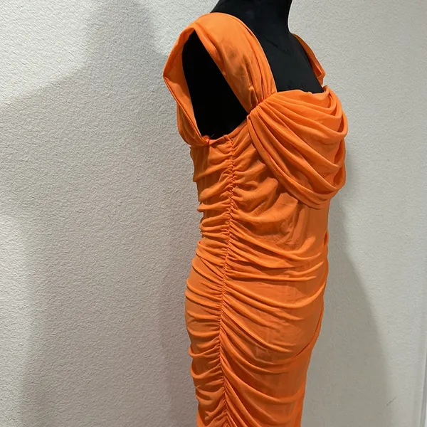 Orange Ruched Draped Dress Size L - Image 6