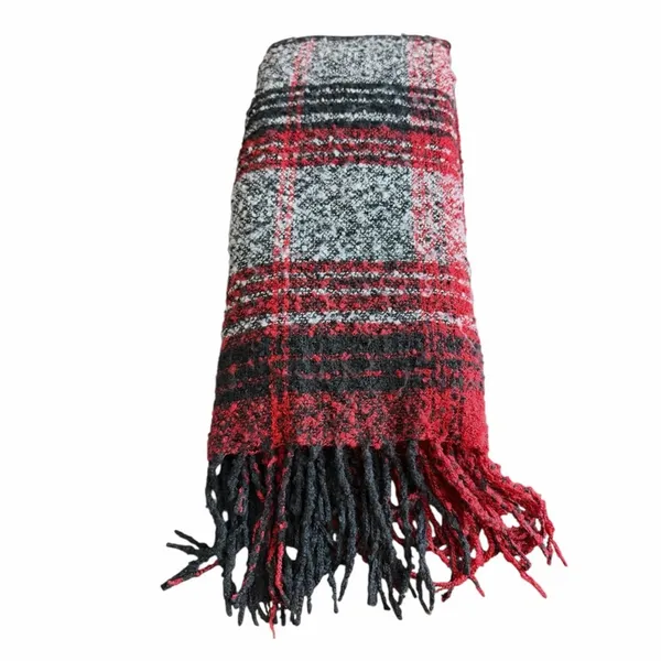 Plaid Blanket Scarf Shawl Wrap Red Black Gray Fringe Winter Poncho Oversized - Image 3
