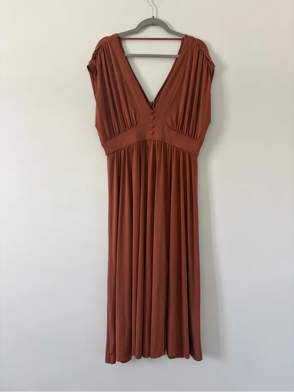 Anthropologie Sleeveless V Neck A Line Midi Boho Fall Cottagecore Dress Brown L - Image 2