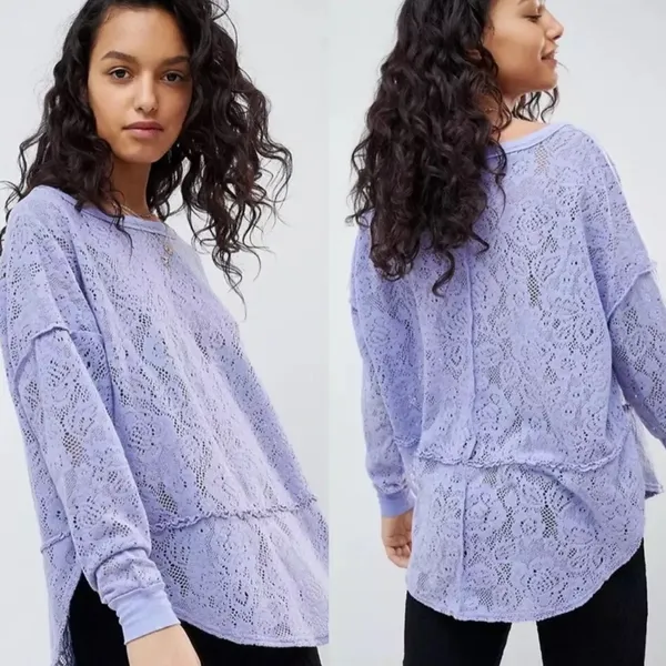 FREE PEOPLE Purple Glacier Not Cold In This Top Lilac Lace Pullover Top Crew - Image 2