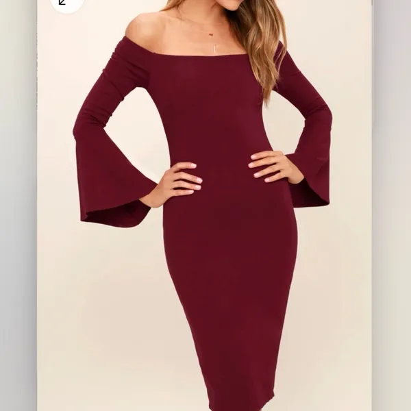 Lulus All She Wants Burgundy Off Shoulder Bell Sleeve‎ Bodycon Midi Dress LARGE - Image 4