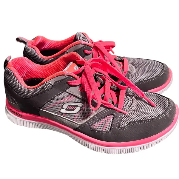 Skechers Flex Sole 11727 Sneakers Lightweight Memory Form 7.5 Grey/Pink Orange - Image 2