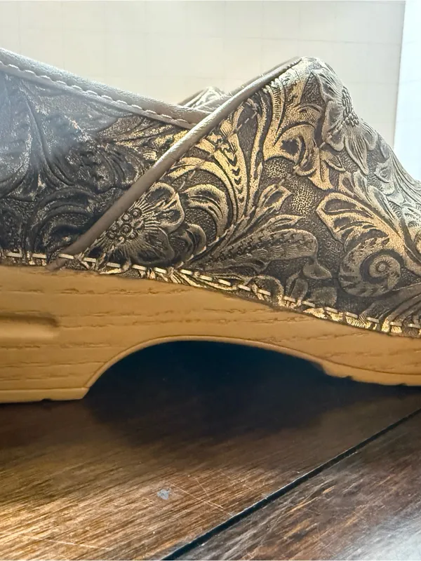 Dansko Metallic Gold Floral Embossed Clogs - Image 3