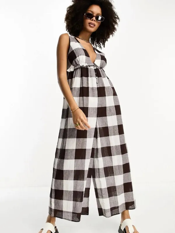NWT asos buffalo check wide leg jumpsuit US -6 Semi Sheer - Image 2