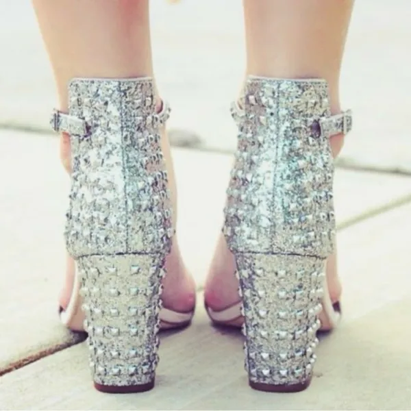 Zara 40 Silver Studded Block Heel Sandals - Image 6