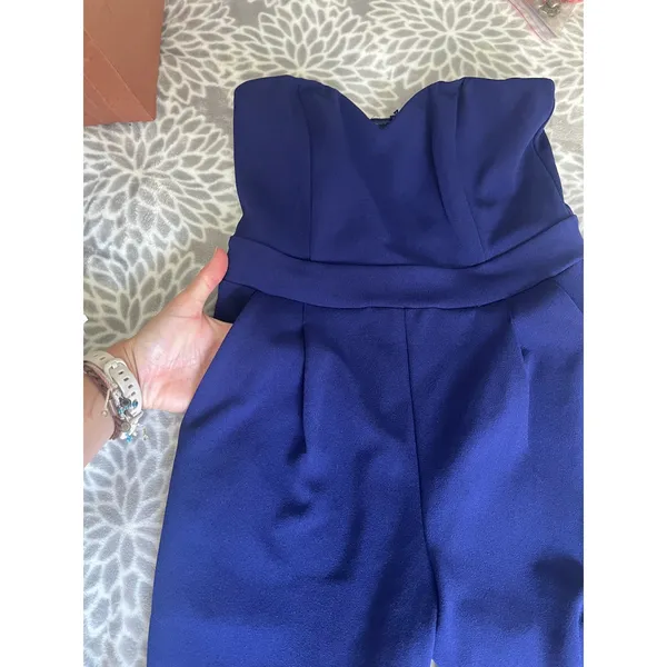 Express Strapless Jumpsuit size 0 Royal Blue Petite Sweetheart Neck Pockets Chic - Image 9