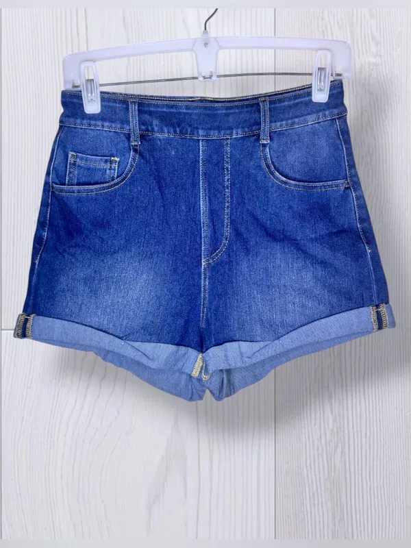 HALARA Flex High Waisted Rolled Hem Denim Look Shorts | Medium Wash - Image 3