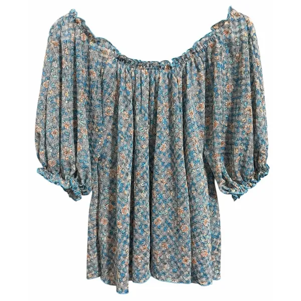 Free People Astra Peasant Top Blue Daisy Floral‎ Print Women's Size Medium - Image 2