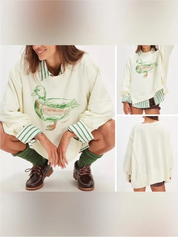 NWT Free People We The Free Graphic Camden Pullover - duck combo mallard - Large - Image 2