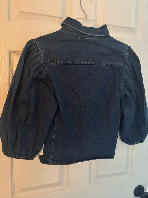 Oat New York Dark Blue Denim Puff-Sleeve Jacket, Size-Small - Image 9
