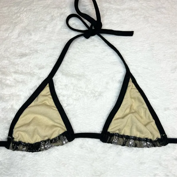 Black Mesh Silver Glitter Sequin Tiny Triangle String Bikini Top Size Small - Image 7