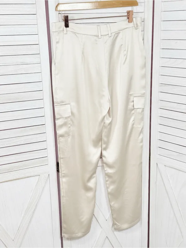 Bailey 44 Satin Cargo Pants Trousers Cream Medium High Waist Ankle Tapered - Image 2
