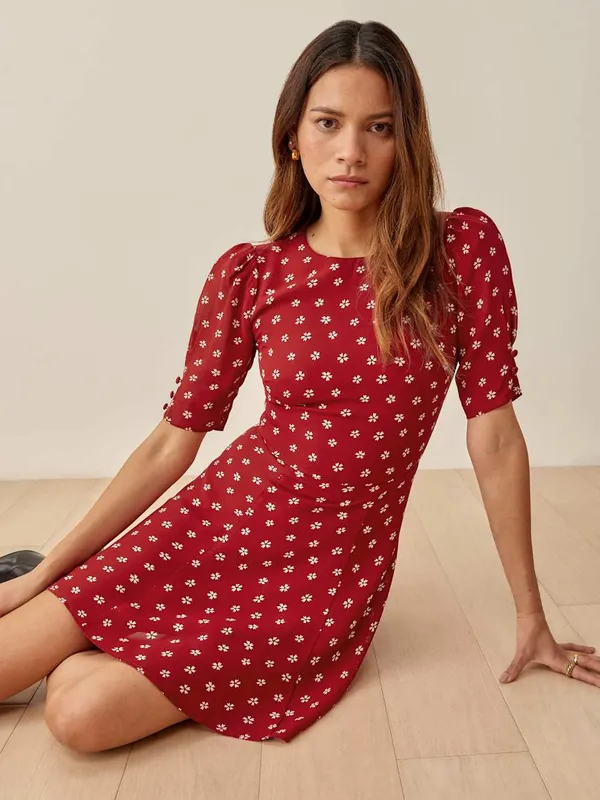 Reformation Bard Dress Mini Red White Floral Size 2 - Image 2