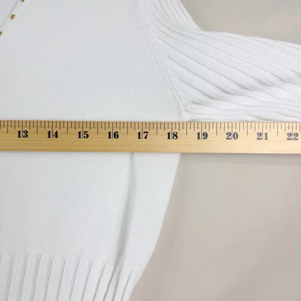 Bellini Size M White Ribbed Zip Front Studded V Neck Cardigan Sweater Y2K Glam - Image 5