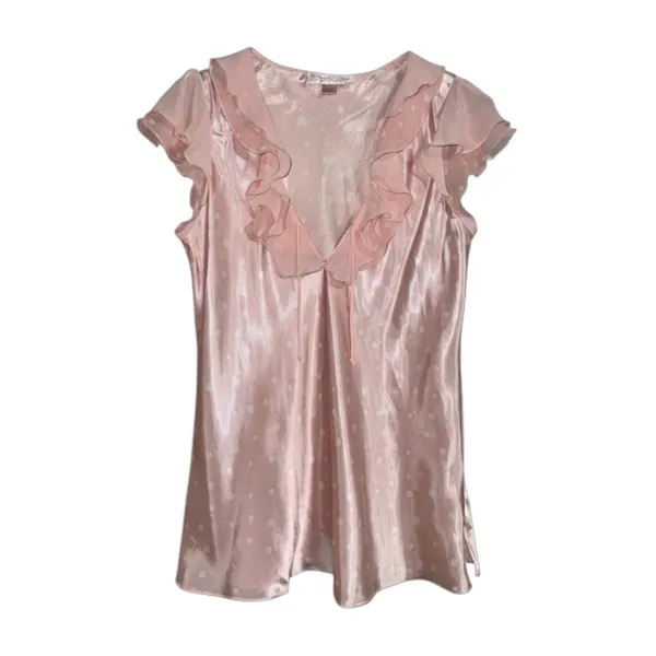 Oscar de la Renta Pink Label Polka Dot Satin‎ Ruffle V-Neck Y2K Top Pink Medium - Image 2