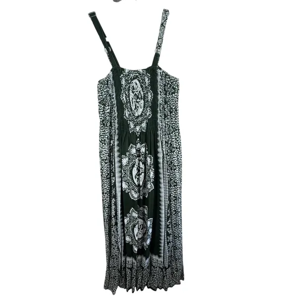 Urban Celt One Size Maxi Dress‎ Dark Green White Smocked Bodice Rayon Sundress - Image 2