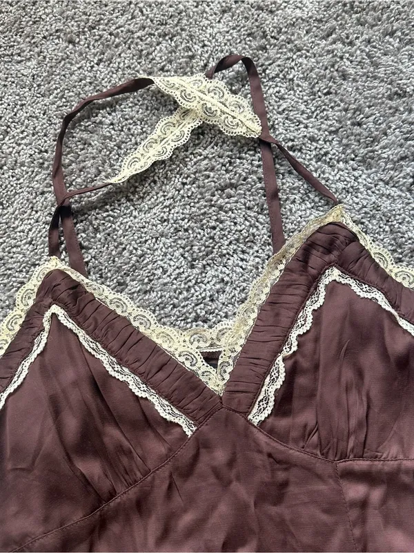 Urban Outfitters Brown Satin Lace-Trim Mini Chemise - Image 4