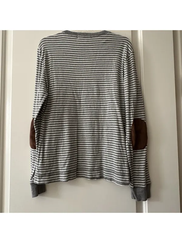 Lauren Ralph Lauren Large L Gray White Striped Long Sleeve T Shirt Brown Patches - Image 13