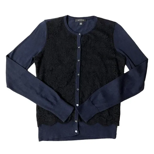 Ann Taylor Cardigan Sweater Womens S Used Navy with Black Lace Front - Image 3