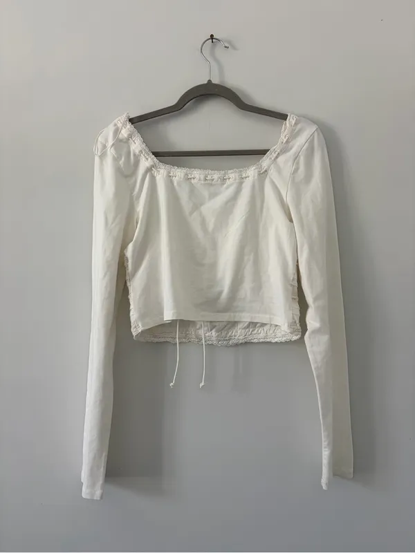 Free People Scarlet Smocked Milk Maid Long Sleeve Lace Trim Blouse Soft Ivory S - Image 5