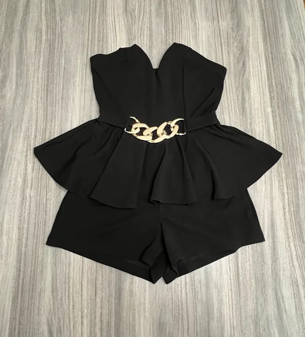Strapless Black Peplum Romper with Gold Chain Detail - Image 5