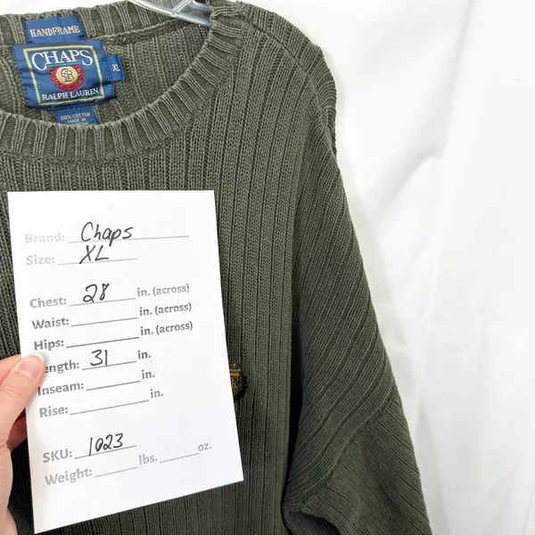 VTG Chaps Ralph Lauren XL Sweater Green Ribbed Cotton Heavyweight Fisherman 1023 - Image 4