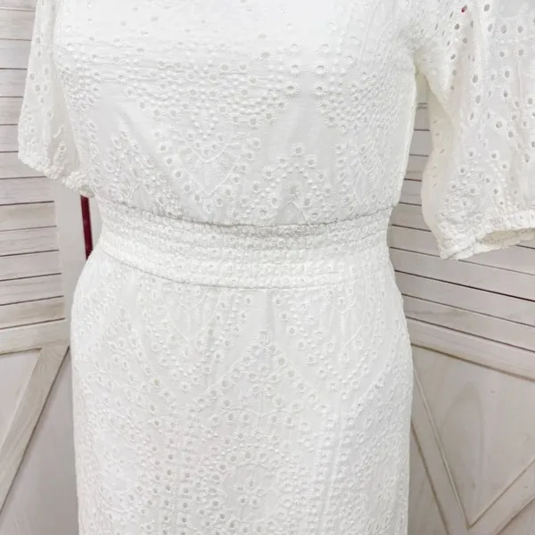Betsey Johnson Eyelet Off The‎ Shoulder Smocked Waist Midi Dress White Large - Image 7