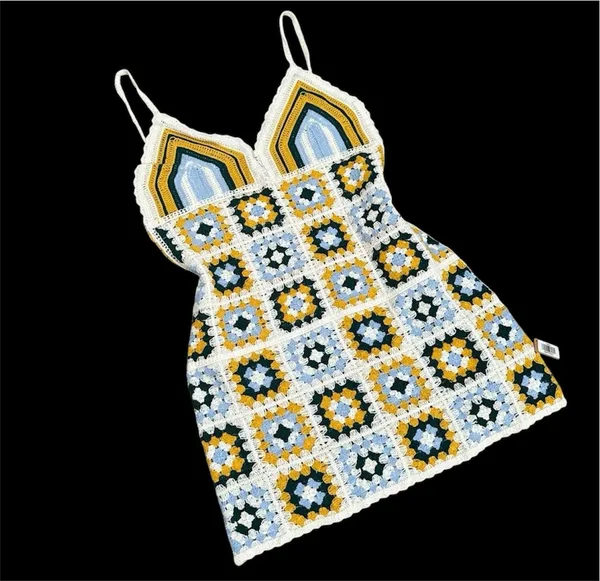 Retro Green & White Crochet Cover Up Mini Dress - Image 3