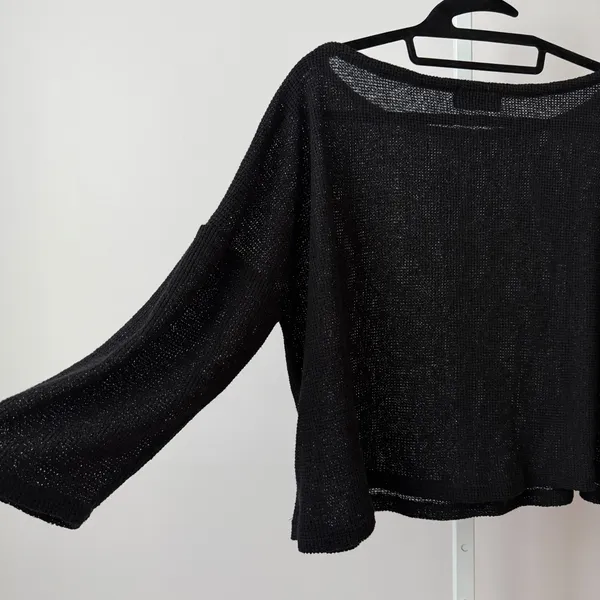 REVIR Whimsigoth Goth Boho Relaxed Sheer Knit Boat Neck Boxy Sweater S/M Black - Image 6