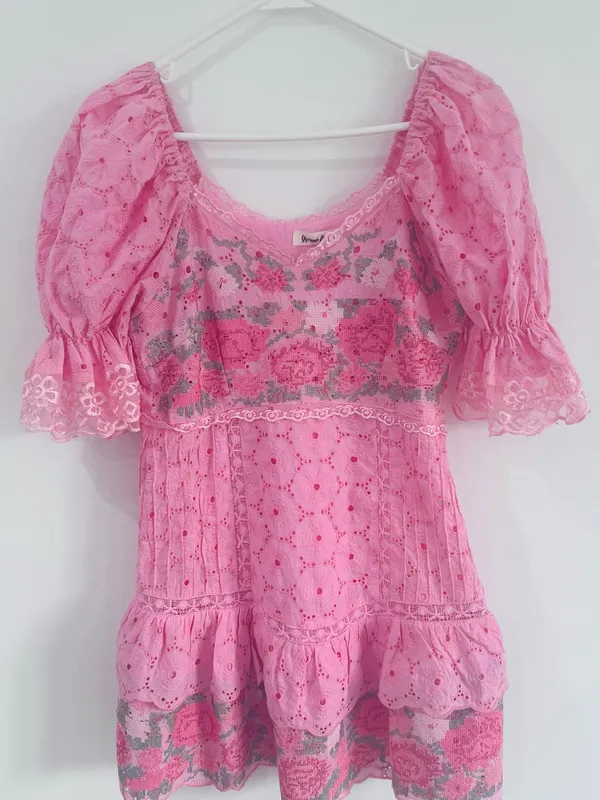 Pink Eyelet Lace Floral Mini Dress Coquette Cottagecore Babydoll S - Image 2